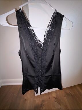 Black Lace-Trim Satin Sleep Top - Women Intimates